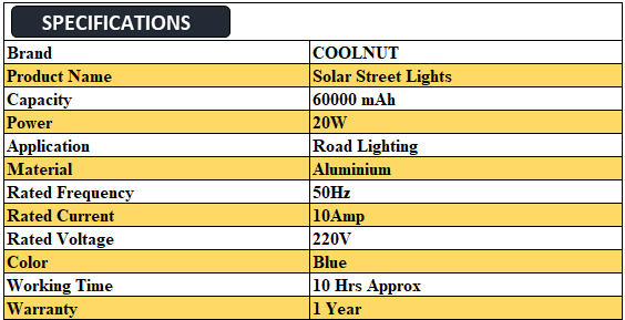 Coolnut Solar Stree light 10 Hrs Backup 20W Power 60000 mAh Capacity