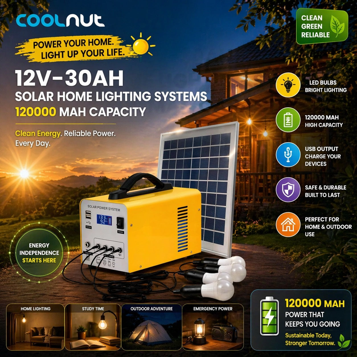 Coolnut 12V-30Ah Solar Home Lighting Systems 120000 mAh Capacity