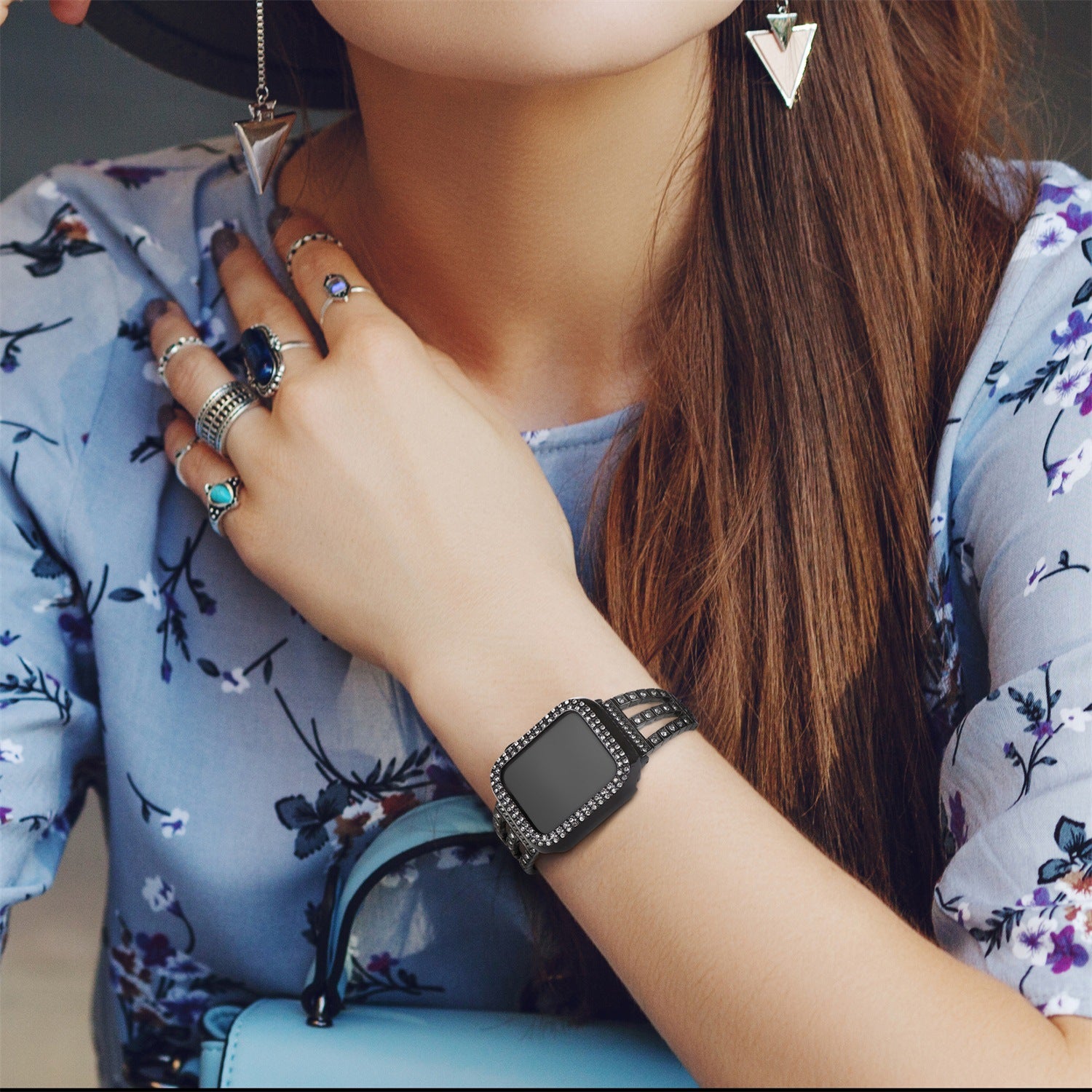 Watch Band For Watch pu Leather Metal Glitter Bling Strap Watch Series 41 mm