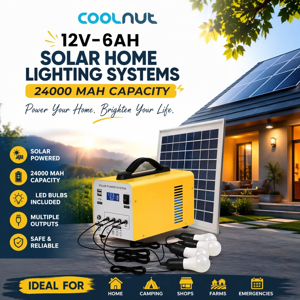 Coolnut 12V-6Ah Solar Home Lighting Systems 24000 mAh Capacity